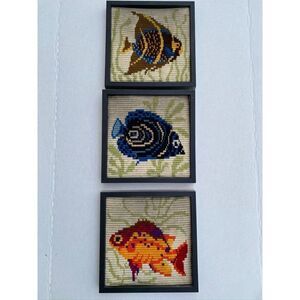 Vintage 60s 70s Wool Woven Tapestry Tropical Fish Needlepoint Framed Set of 3